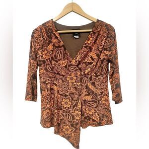 J.T.B Small 90s Y2K Baby Doll Top Brown & Orange Womens Faux Wrap Vintage Blouse